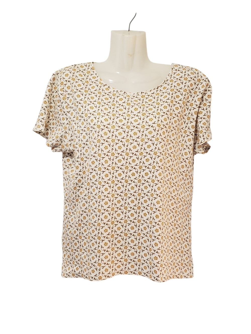 CROFT & BARROW Cream Short Sleeve Floral Geometric Print Top | Large